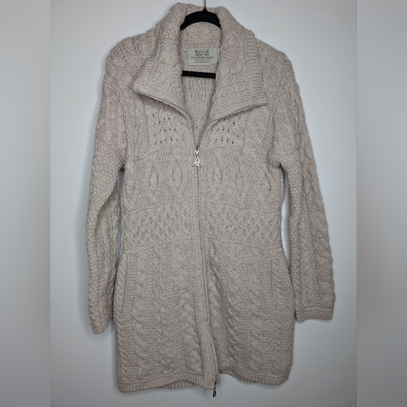 🧶 Aran Sweater Market 100% Merino Wool Cable Knit Zip Cardigan Medium - Picture 2 of 4